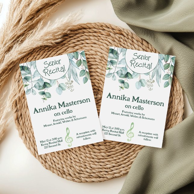 Custom Senior Music Erwägung Blätter Grünes Thema Einladung (Greenery themed custom senior music recital invitation template.)