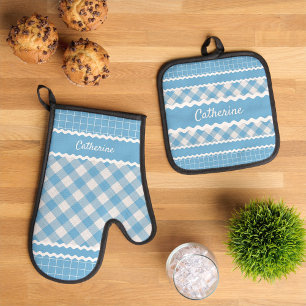 Custom Shabby Chic Light Blue White Gingham Karier Ofenhandschuh & Topflappen-Set
