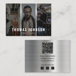 Custom Silver Fitness Coach Social Media 3 Foto Visitenkarte