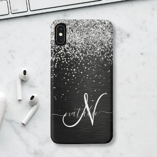 Custom Silver Glitter Black Sparkle Monogram iPhone 15 Hülle