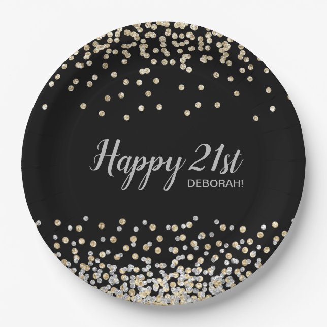 Custom Silver Gold Confetti 21. Geburtstag Party Pappteller (Vorderseite)