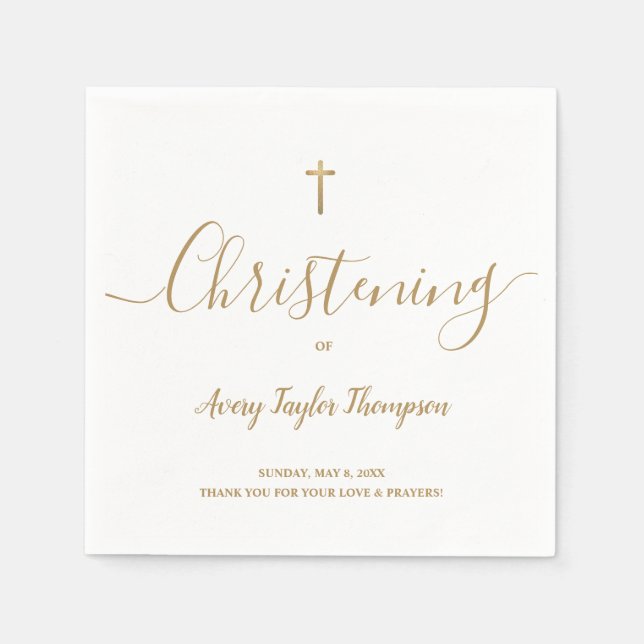Custom SImple Gold Cross Christening Script Serviette (Vorderseite)
