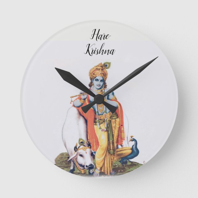 Custom Simple Lord Krishna mit Kuh Round Clock Runde Wanduhr (Vorderseite)