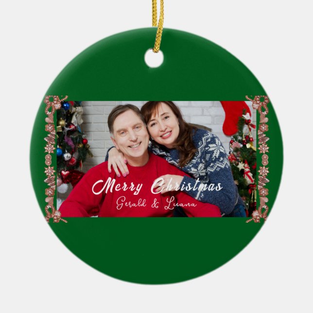 Custom Simple Monogram Green Christmas Foto Keramik Ornament (Vorne)
