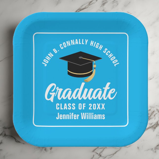 Custom Sky Blue Graduation Party Square Pappteller (Von Creator hochgeladen)