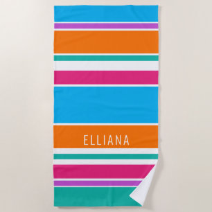 Custom Sky Blue Hot Pink Orange White Stripes Strandtuch