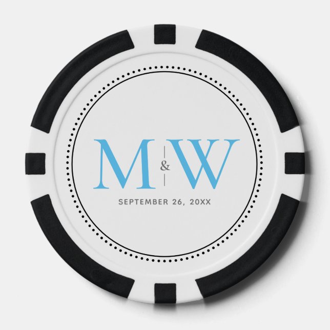 Custom Sky Blue Mit Monogramm Wedding Date Pokerchips (Vorderseite)