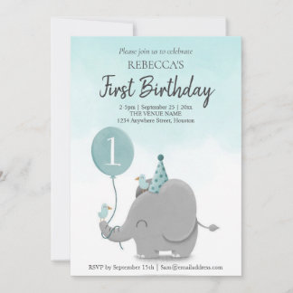 Custom Sky Blue White Elephant Balloon Thema Einladung