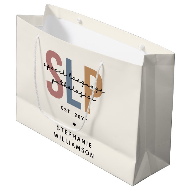 Custom SLP Speech Language Pathologe Große Geschenktüte (Vorderseite Schrägansicht)