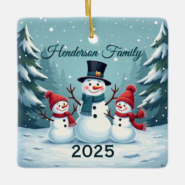 Custom Snowman Family Of Three Keramikornament (Vorderseite)