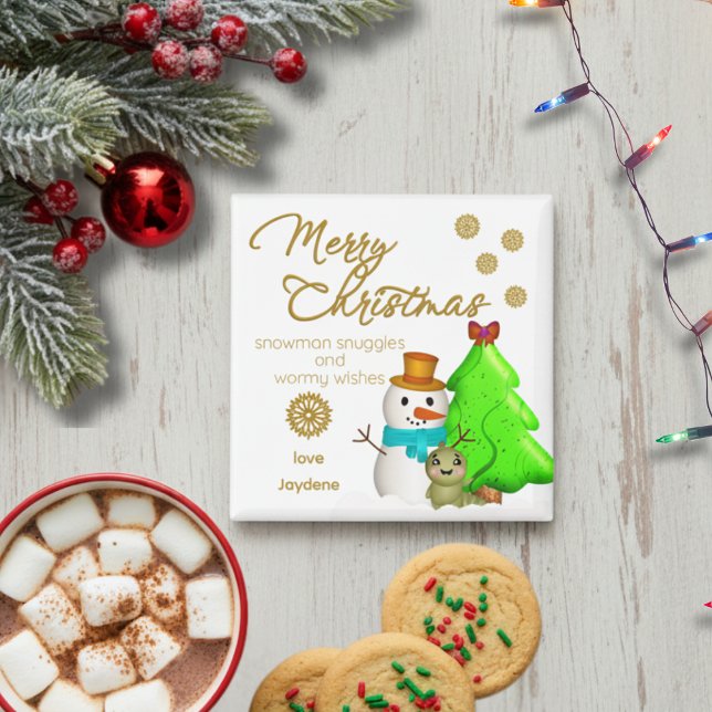 Custom Snowman, Tree & Wormy wünscht Weihnachten Magnet (Cute and hand drawn for your pleasure. Customize it with your name and keep it or gift it to someone)