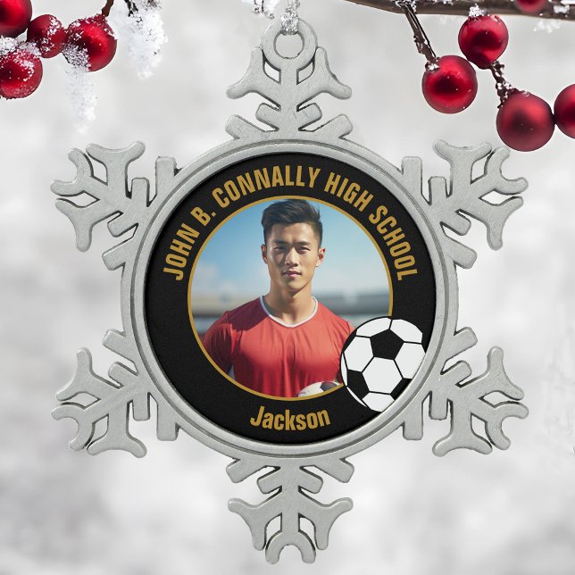 Custom Soccer Player Photo Black Gold High School Schneeflocken Zinn-Ornament (Von Creator hochgeladen)