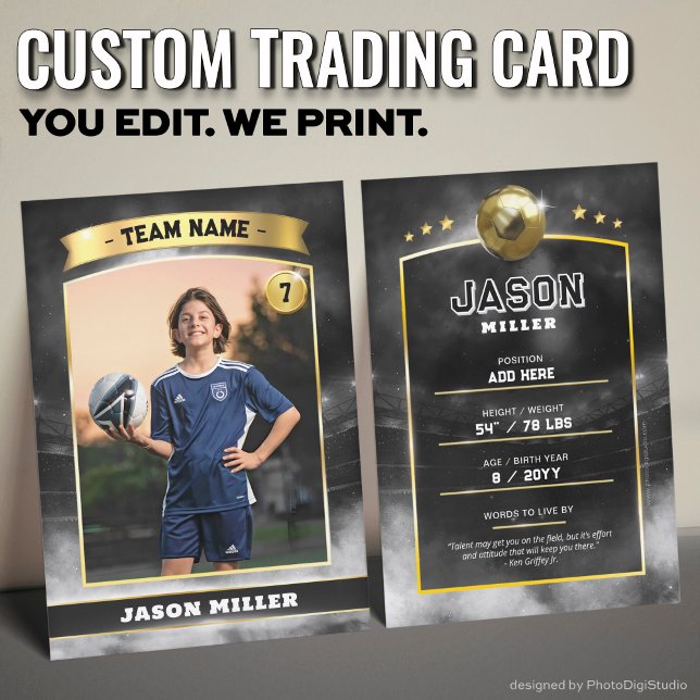 Custom Soccer Trading Card Black Gold Stadium Telefonnummerkarte (Custom Trading Card, Editable Soccer Trading Card, Modern Black Gold Stadium Design)