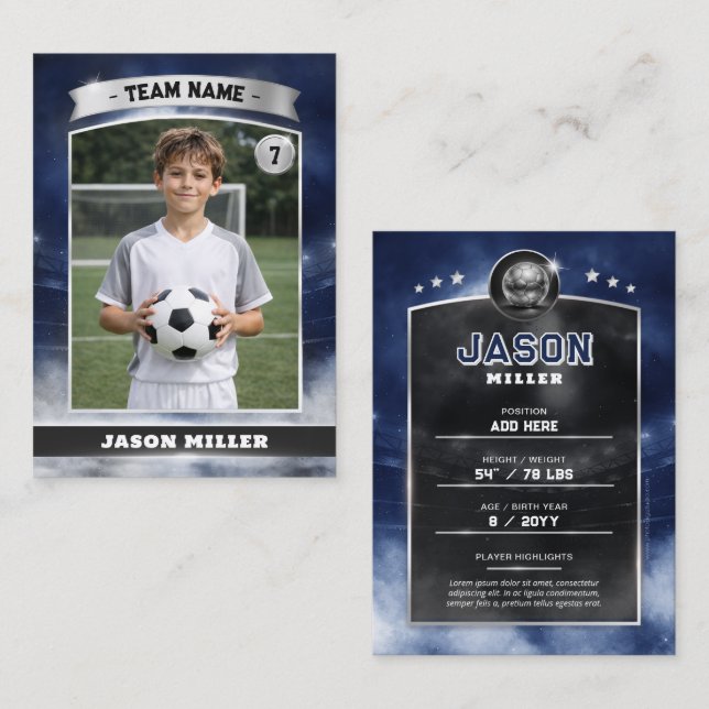 Custom Soccer Trading Card, Blue Silver Stadium Telefonnummerkarte (Vorne/Hinten)
