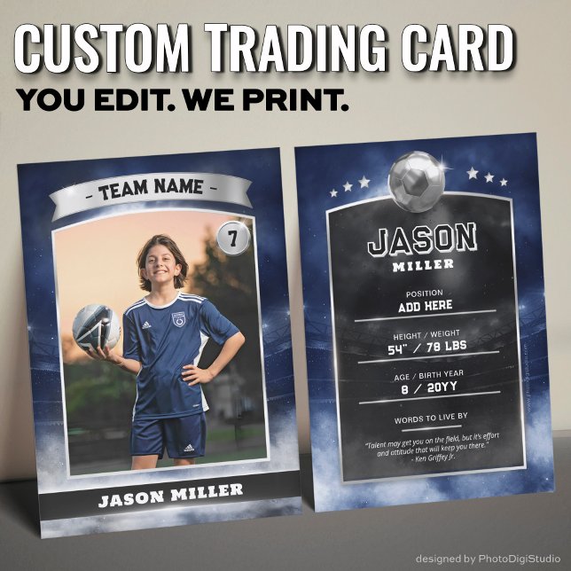 Custom Soccer Trading Card Blue Silver Stadium Telefonnummerkarte (Custom Trading Card, Editable Soccer Trading Card, Modern Blue Silver Stadium Design)