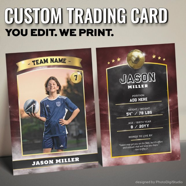 Custom Soccer Trading Card Red Gold Stadium Telefonnummerkarte (Custom Trading Card, Editable Soccer Trading Card, Modern Red Gold Stadium Design)