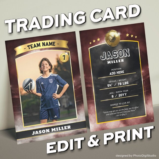 Custom Soccer Trading Card Red Gold Stadium Telefonnummerkarte (Custom Trading Card, Editable Soccer Trading Card, Modern Red Gold Stadium Design)