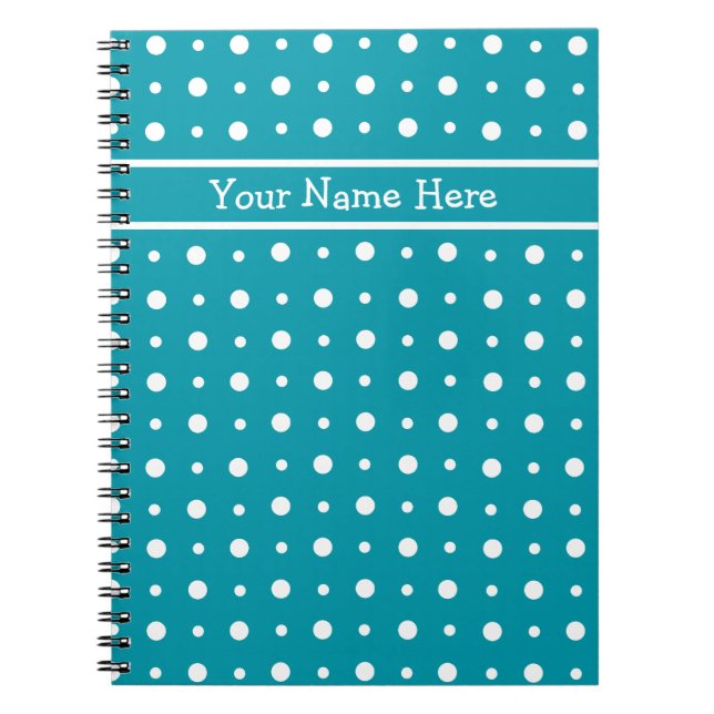 Custom Spiral Notebook, White Polka Dots auf Aquam Notizblock (Vorderseite)