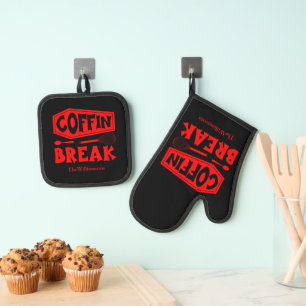 Custom Spooky Coffin Break Halloween Red Black Ofenhandschuh & Topflappen-Set
