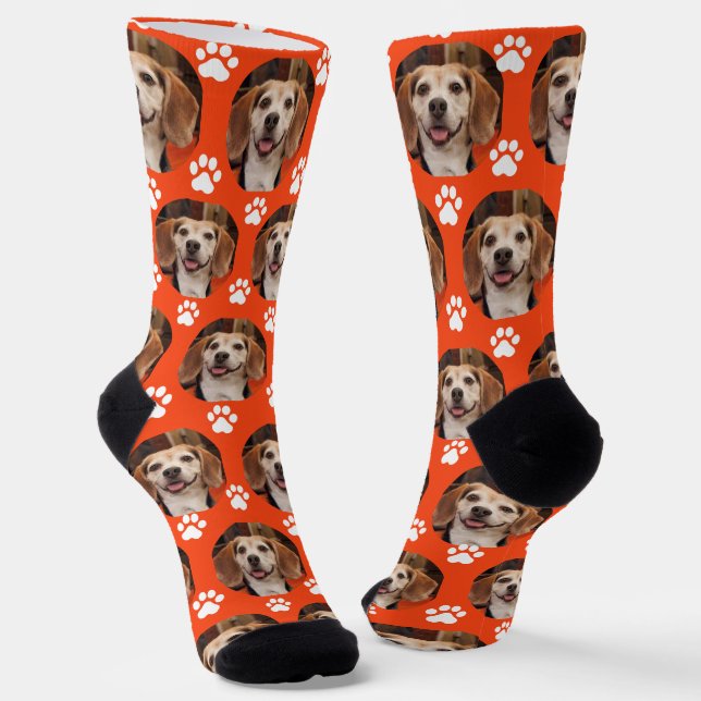 Custom Sporty Orange Pet Foto Paw Prints Cat Dog Socken (Gewinkelt)