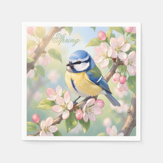 Custom Spring Party Blue Tit Bird on Apple Tree Serviette (Vorderseite)