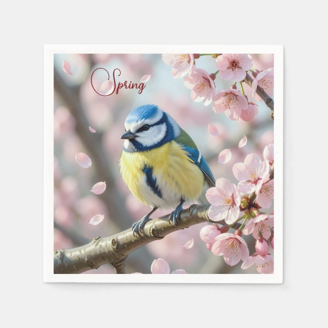 Custom Spring Party Blue Tit Bird on Cherry Tree Serviette (Vorderseite)