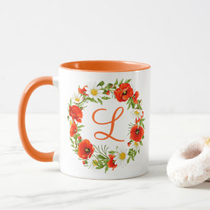 Custom Spring Poppies Daisies Monogram Wreath Art Tasse