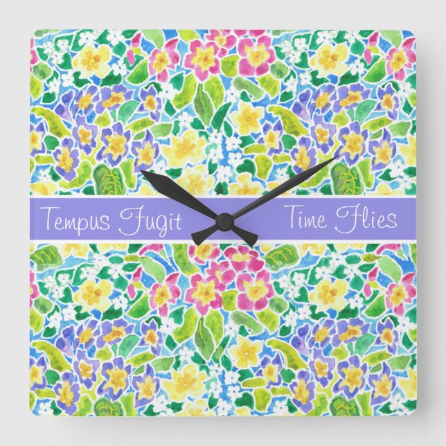 Custom Square Clock, Spring Primroses, Powblau Quadratische Wanduhr (Vorderseite)