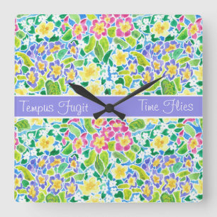 Custom Square Clock, Spring Primroses, Powblau Quadratische Wanduhr
