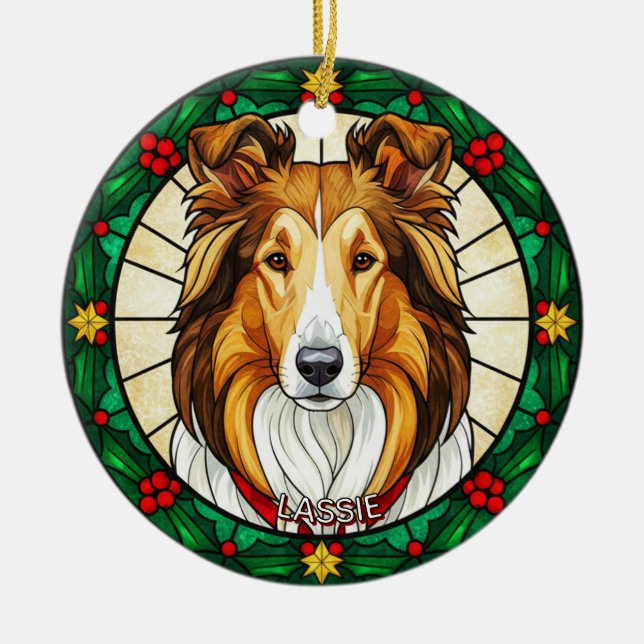 Custom Stained glass effect DOG'S name Christmas  Keramik Ornament (Vorne)