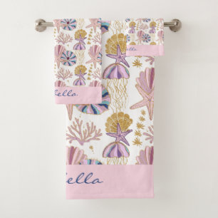 Custom Starfish Seashell Blue Lila Pink Nautic Badhandtuch Set