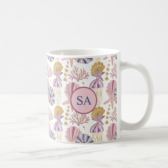 Custom Starfish Seashell Blue Lila Pink Nautic Kaffeetasse (Rechts)