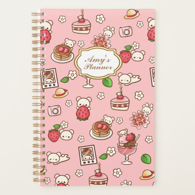 Custom Strawberry Bear and Desserts Pink Kawaii Planer (Vorderseite)