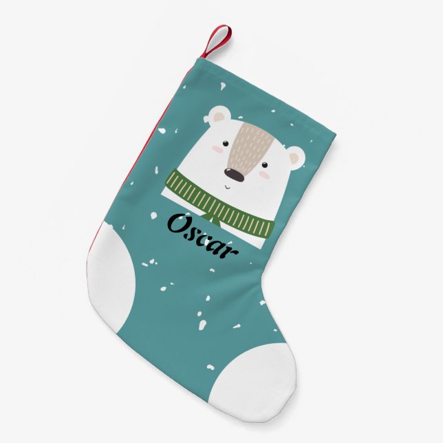 Custom Stylischer, moderner Polar Bär in Schneebla Kleiner Weihnachtsstrumpf (Vorderansicht (hängend))