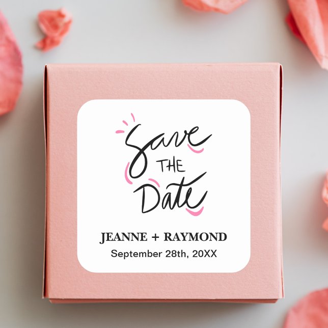 Custom Stylish Calligraphy Wedding Save the Date Quadratischer Aufkleber (Stylish calligraphy save the date sticker adds personalized charm to elegant wedding mailings.)