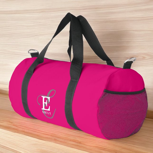 Custom Stylish Monogram Typografy Hot Pink Duffle Bag (Personalize with your name and monogram initial.)