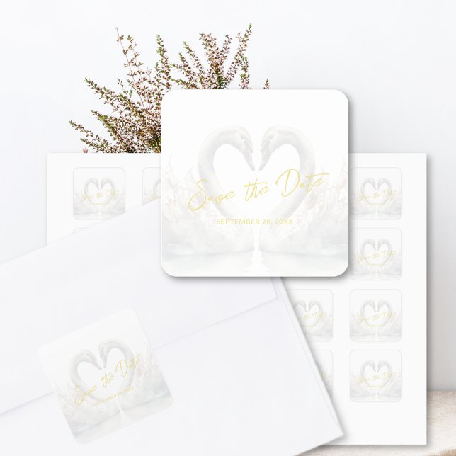 Custom Swan Wedding Save the Date Quadratischer Aufkleber (Custom Swan Wedding Save the Date Square Stickers)