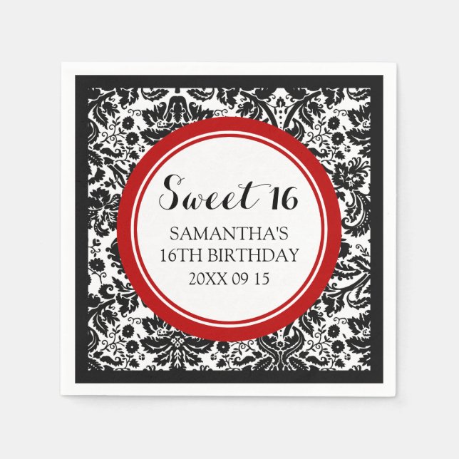 Custom Sweet 16 Birthday Napkin Red Damask Serviette (Vorderseite)