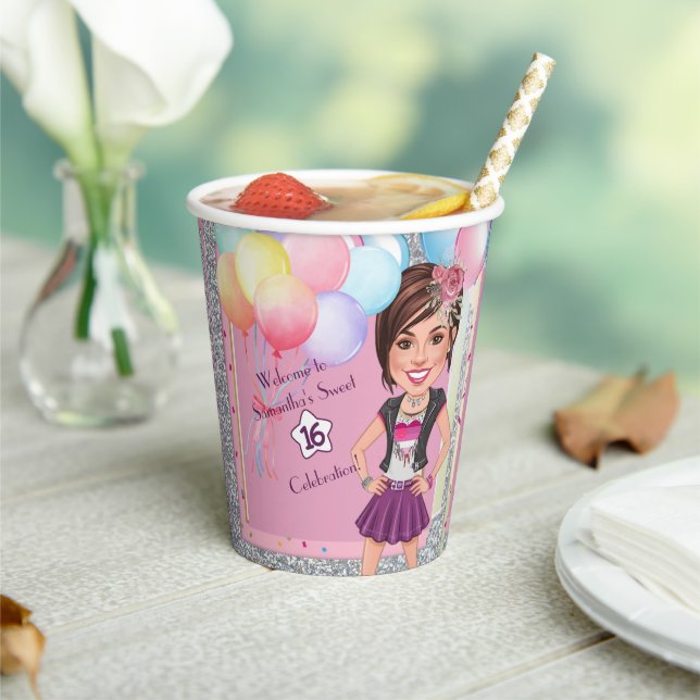 Custom Sweet 16 Karikatur mit Balloons Pappbecher (In Situ)