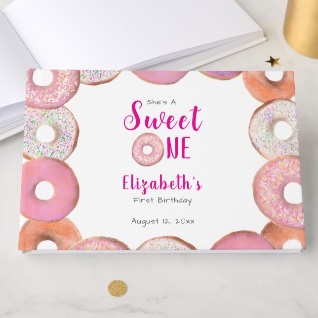 Custom Sweet One Donut First Birthday Pink Gästebuch (Von Creator hochgeladen)