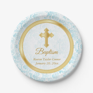 Custom Taufen in Blue, White Damask und Gold Pappteller