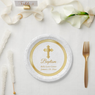 Custom Taufen in Hübsch White Damask und Gold Pappteller