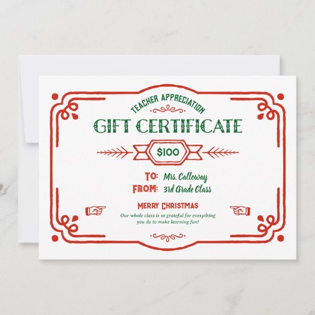 Custom Teacher Appreciation Gift Certificate Karte (Vorderseite)