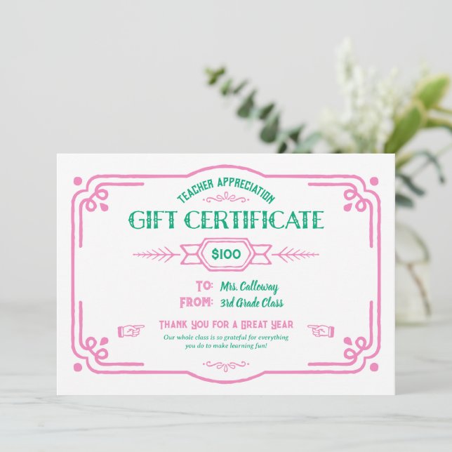 Custom Teacher Appreciation Gift Certificate Karte (Stehend Vorderseite)