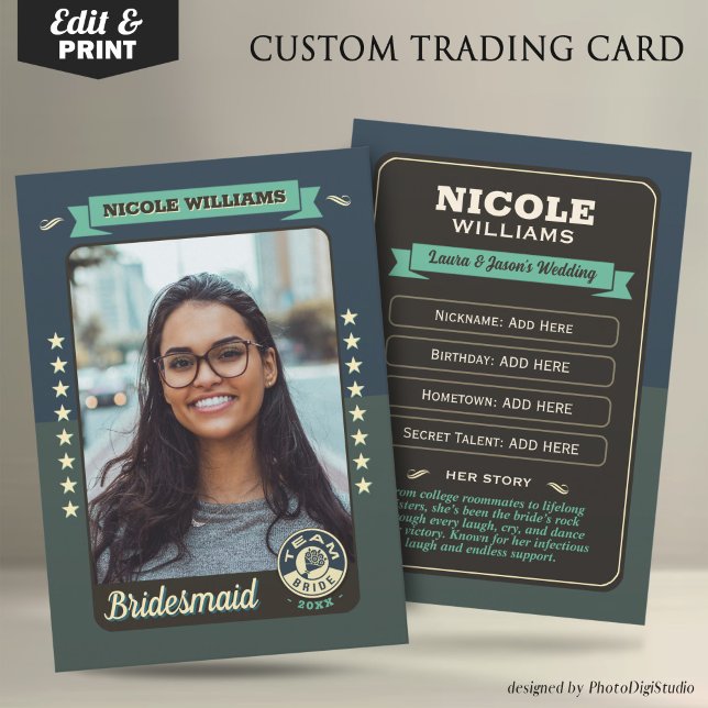 Custom Team Bride Trading Card, Bridesmaier Gesche Telefonnummerkarte (Custom Team Bride Trading Card, Bridesmaids Gifts Maid of Honor Trading Card, Retro Wedding Cards)