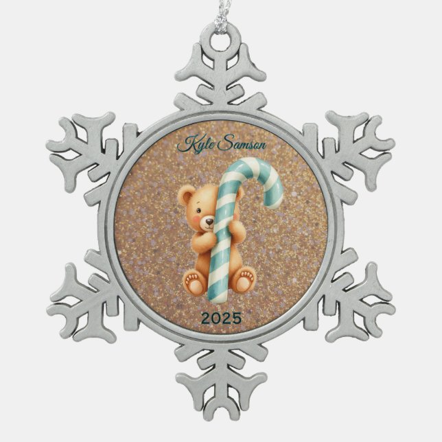 Custom Teddy Bär und Blue Candy Cane Schneeflocken Zinn-Ornament (Vorderseite)