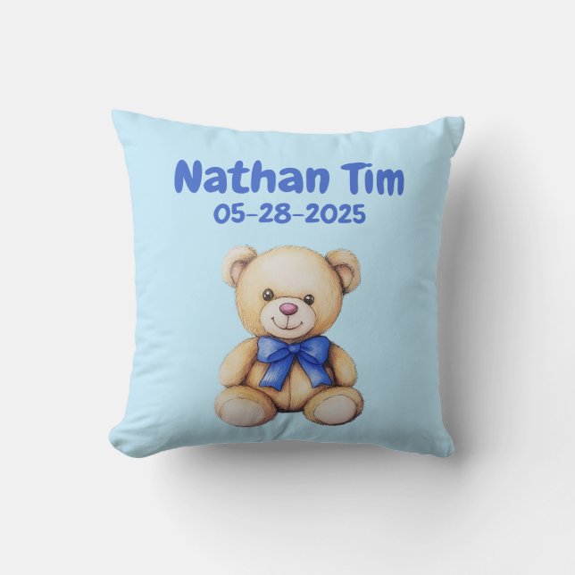 Custom Teddy Bear Baby Boy Name & DOB Kissen (Vorderseite)