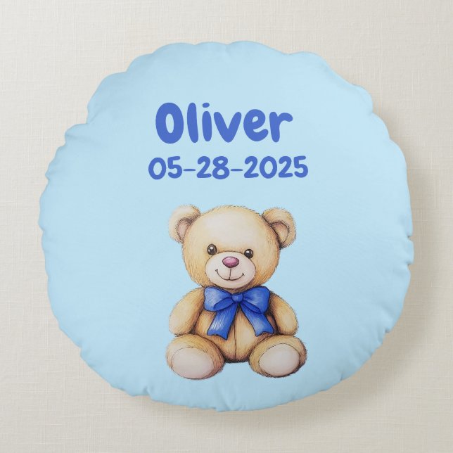 Custom Teddy Bear Baby Boy Name & DOB Rundes Kissen (Vorderseite)
