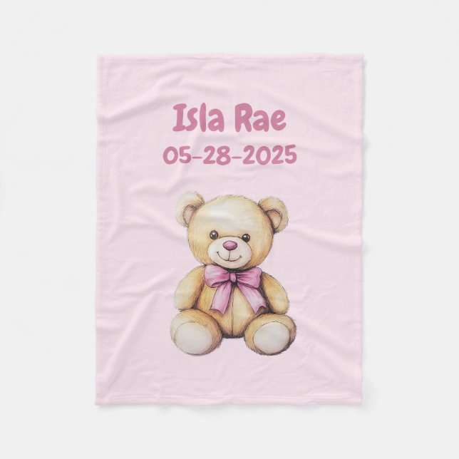 Custom Teddy Bear Baby Girl Name & DOB Fleecedecke (Vorderseite)