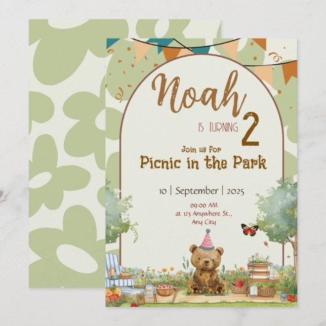 Custom Teddy Bear Picnic Birthday Invitation Einladung (Vorne/Hinten)